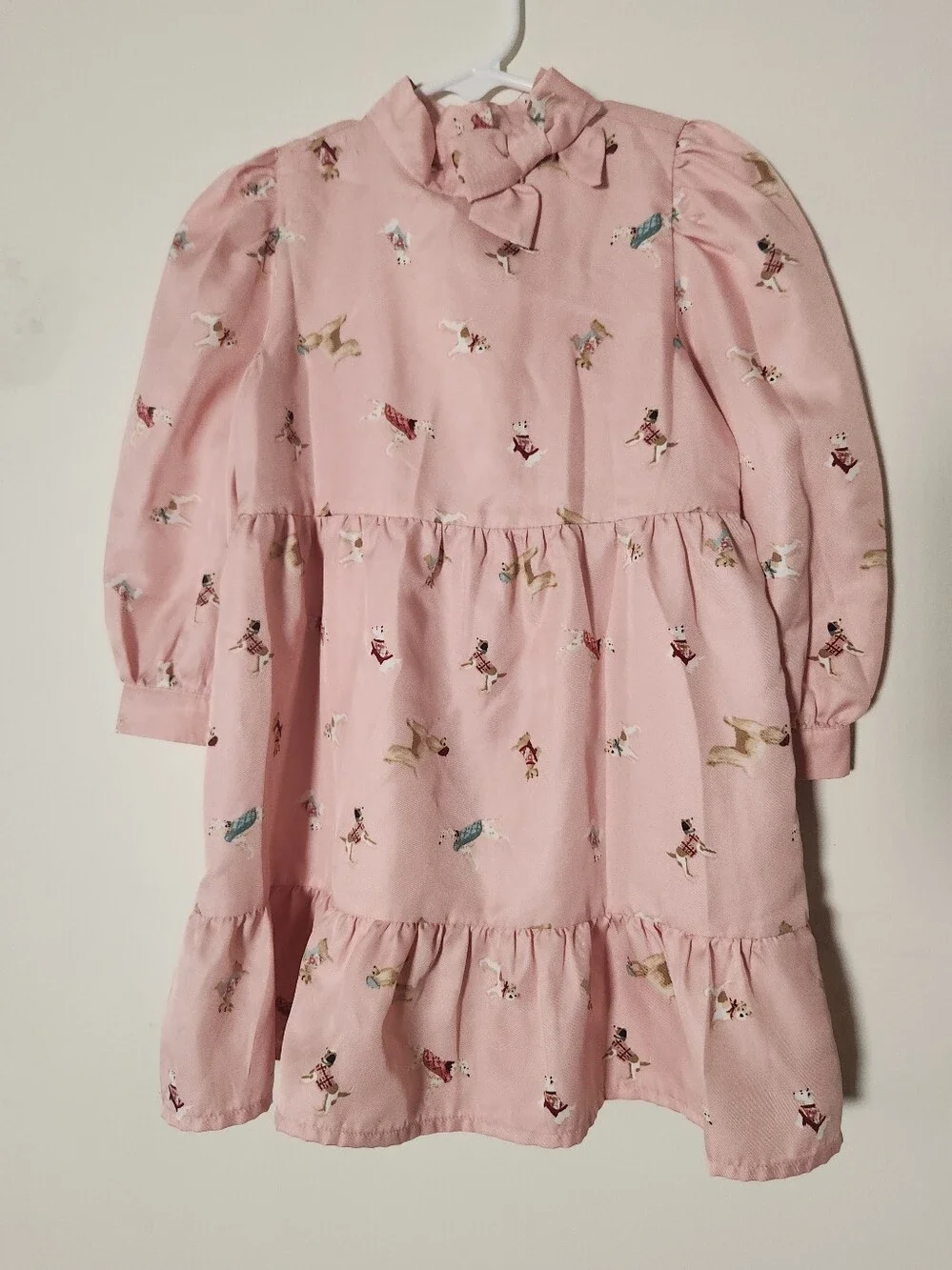 Janie and Jack Girls Pink Dog Print Dress Preppy Coquette Cottagecore Bow